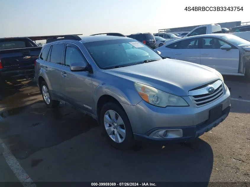 2011 Subaru Outback 2.5I Premium VIN: 4S4BRBCC3B3343754 Lot: 39959369