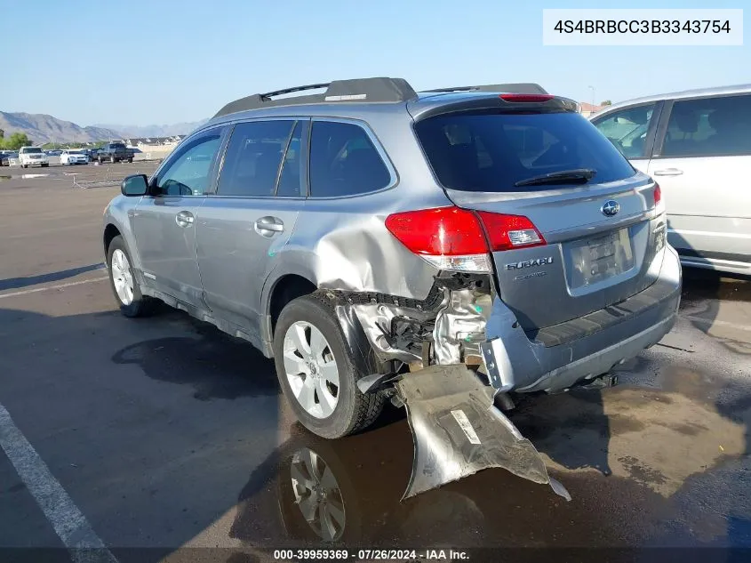 2011 Subaru Outback 2.5I Premium VIN: 4S4BRBCC3B3343754 Lot: 39959369