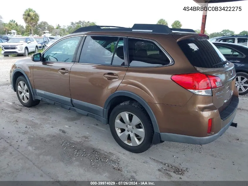 2011 Subaru Outback 2.5I Premium VIN: 4S4BRBGC0B3422275 Lot: 39974029