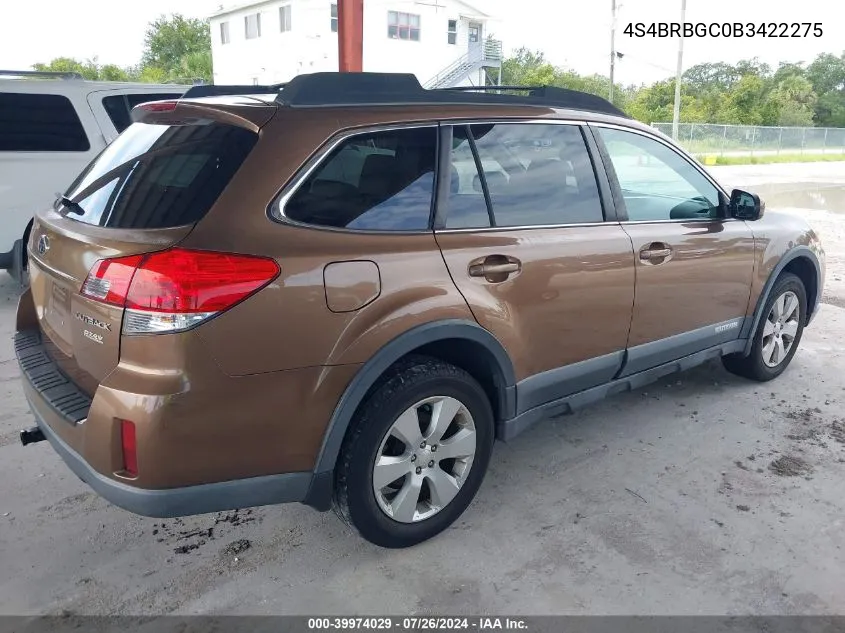 2011 Subaru Outback 2.5I Premium VIN: 4S4BRBGC0B3422275 Lot: 39974029