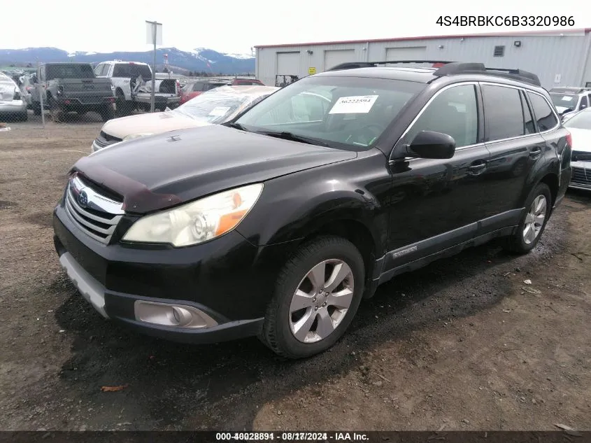 2011 Subaru Outback 2.5I Limited VIN: 4S4BRBKC6B3320986 Lot: 40028891