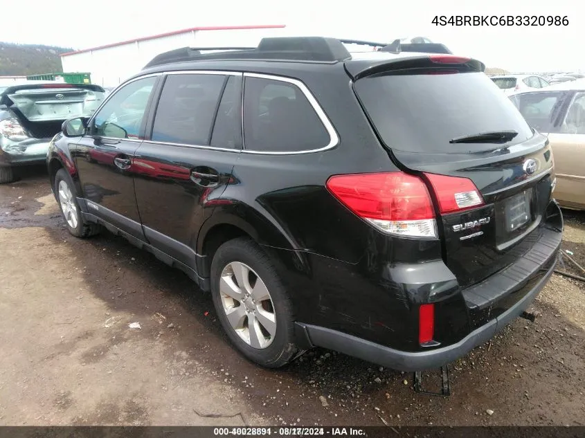 2011 Subaru Outback 2.5I Limited VIN: 4S4BRBKC6B3320986 Lot: 40028891