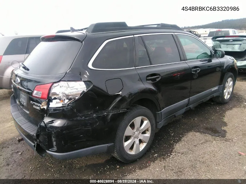 2011 Subaru Outback 2.5I Limited VIN: 4S4BRBKC6B3320986 Lot: 40028891