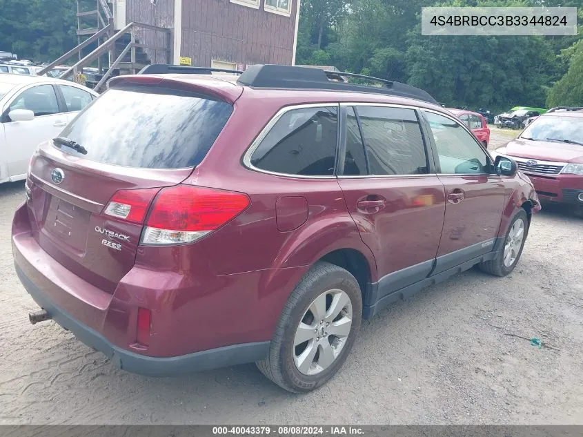 2011 Subaru Outback 2.5I Premium VIN: 4S4BRBCC3B3344824 Lot: 40043379