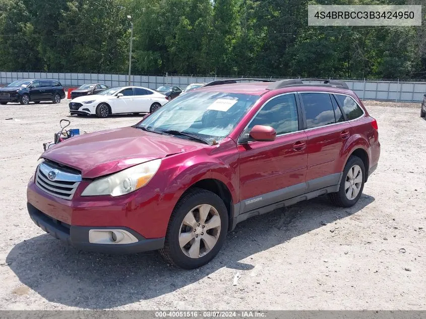 2011 Subaru Outback 2.5I Premium VIN: 4S4BRBCC3B3424950 Lot: 40051516