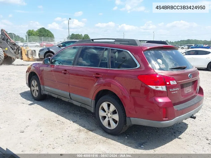 2011 Subaru Outback 2.5I Premium VIN: 4S4BRBCC3B3424950 Lot: 40051516