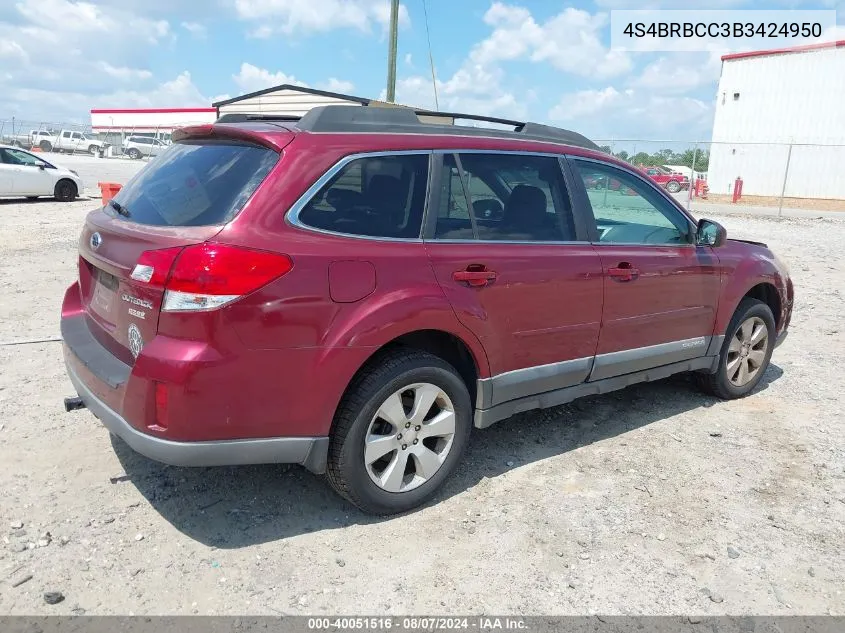 2011 Subaru Outback 2.5I Premium VIN: 4S4BRBCC3B3424950 Lot: 40051516