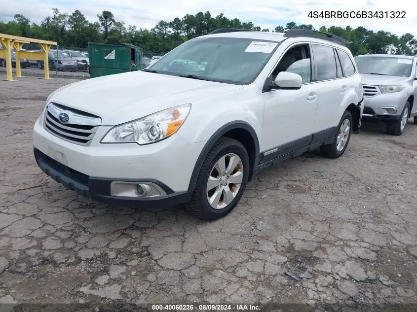 2011 Subaru Outback 2.5I Premium VIN: 4S4BRBGC6B3431322 Lot: 40060226