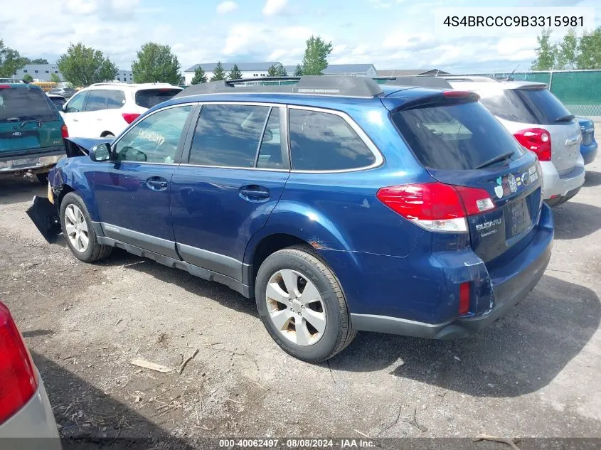 2011 Subaru Outback 2.5I Premium VIN: 4S4BRCCC9B3315981 Lot: 40062497