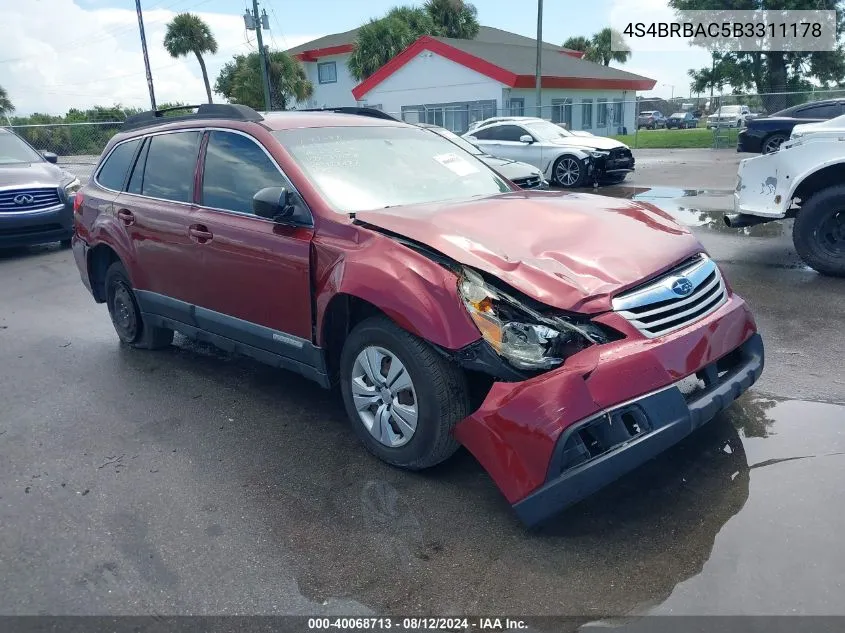 2011 Subaru Outback 2.5I VIN: 4S4BRBAC5B3311178 Lot: 40068713