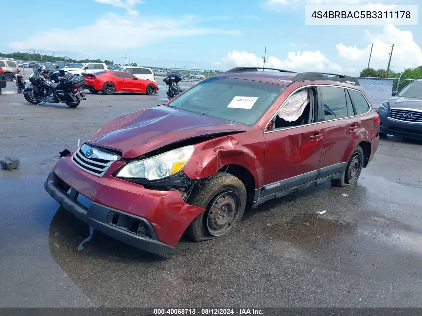 2011 Subaru Outback 2.5I VIN: 4S4BRBAC5B3311178 Lot: 40068713