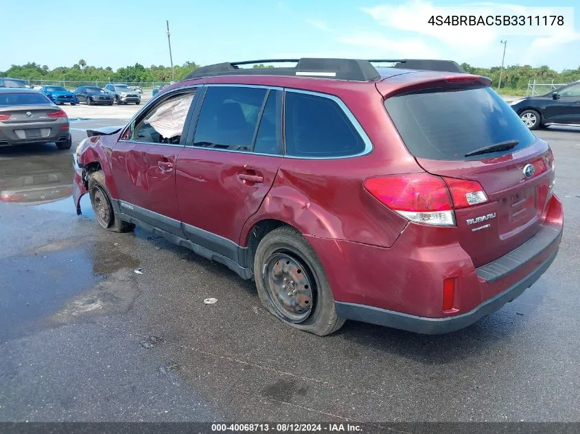 2011 Subaru Outback 2.5I VIN: 4S4BRBAC5B3311178 Lot: 40068713