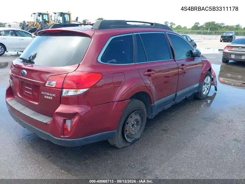 2011 Subaru Outback 2.5I VIN: 4S4BRBAC5B3311178 Lot: 40068713