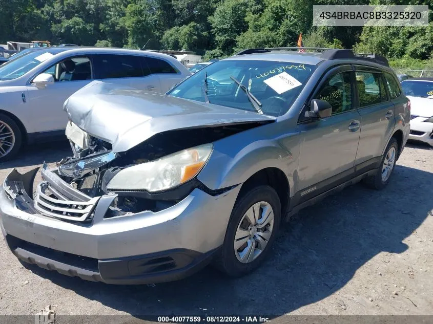 2011 Subaru Outback 2.5I VIN: 4S4BRBAC8B3325320 Lot: 40077559