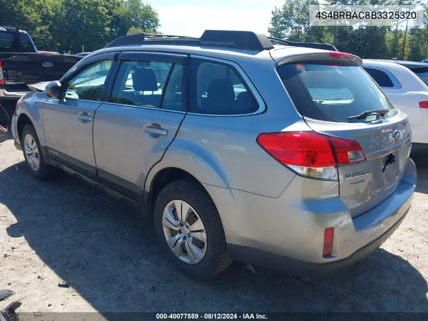 2011 Subaru Outback 2.5I VIN: 4S4BRBAC8B3325320 Lot: 40077559