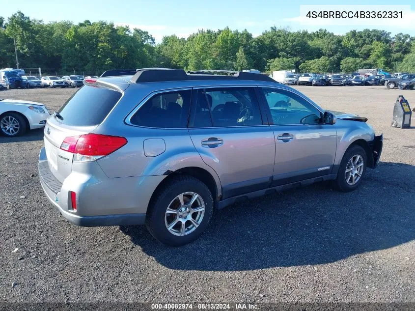 2011 Subaru Outback 2.5I Premium VIN: 4S4BRBCC4B3362331 Lot: 40082974