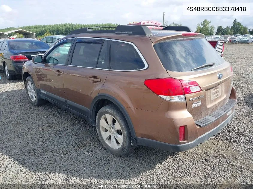 2011 Subaru Outback 2.5I Premium VIN: 4S4BRBCC8B3378418 Lot: 40158271