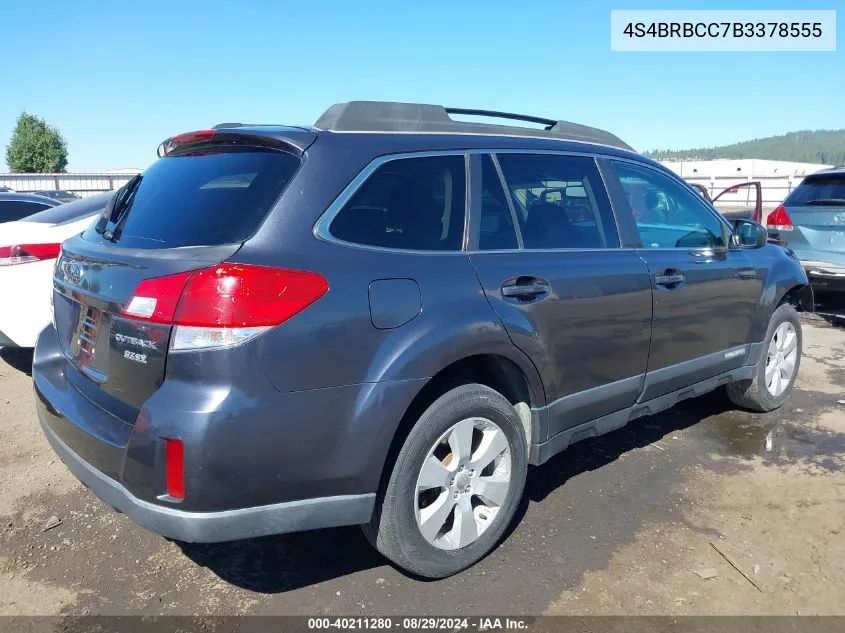 2011 Subaru Outback 2.5I Premium VIN: 4S4BRBCC7B3378555 Lot: 40211280