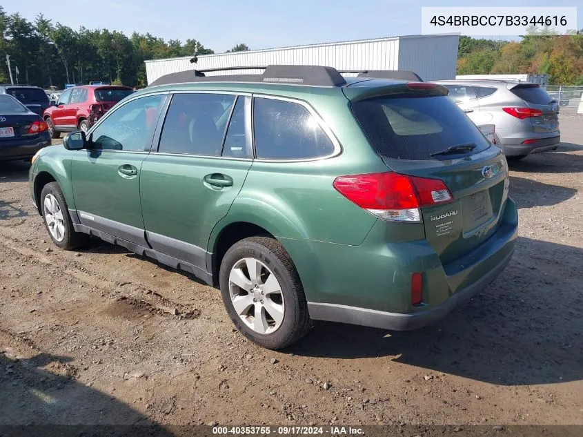 2011 Subaru Outback 2.5I Premium VIN: 4S4BRBCC7B3344616 Lot: 40353755