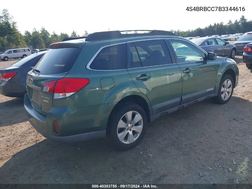 2011 Subaru Outback 2.5I Premium VIN: 4S4BRBCC7B3344616 Lot: 40353755