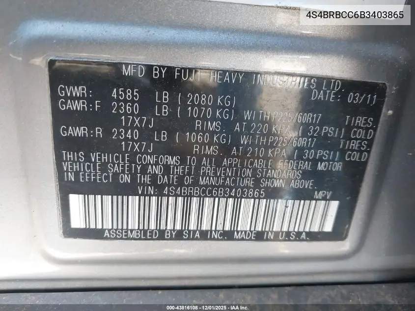 4S4BRBCC6B3403865 2011 Subaru Outback 2.5I Premium