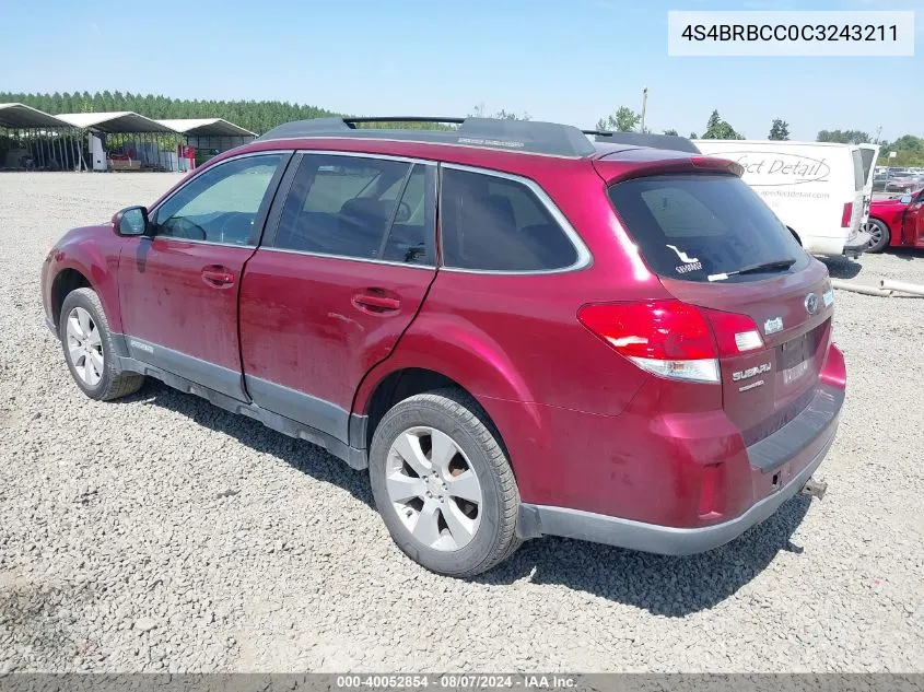 2012 Subaru Outback 2.5I Premium VIN: 4S4BRBCC0C3243211 Lot: 40052854