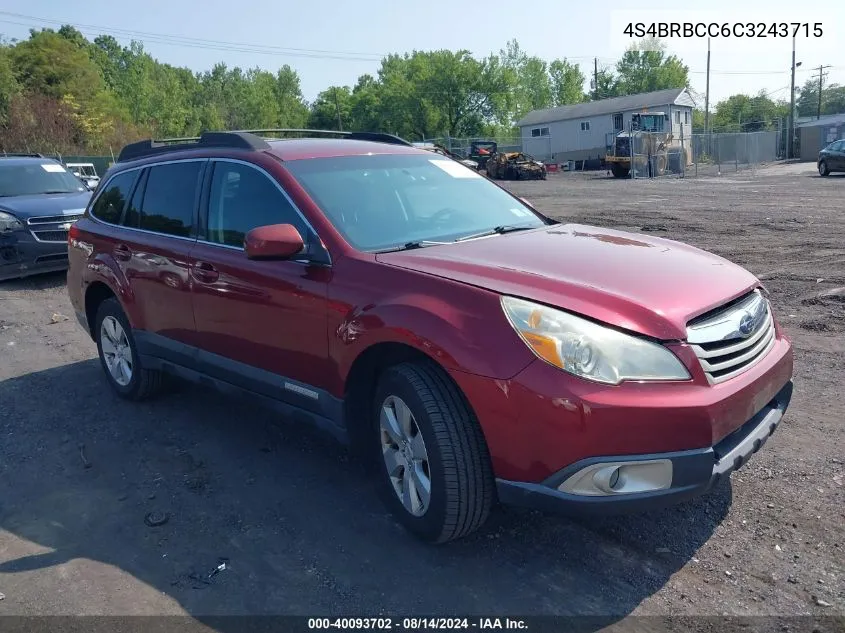 2012 Subaru Outback 2.5I Premium VIN: 4S4BRBCC6C3243715 Lot: 40093702