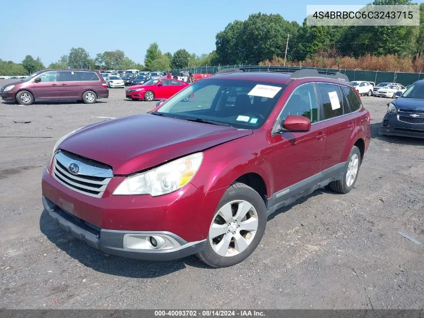 2012 Subaru Outback 2.5I Premium VIN: 4S4BRBCC6C3243715 Lot: 40093702