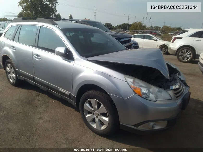 2012 Subaru Outback 2.5I VIN: 4S4BRBAC0C3251344 Lot: 40310181