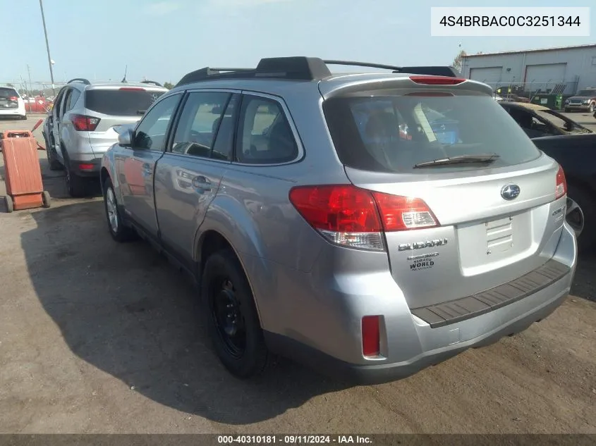 2012 Subaru Outback 2.5I VIN: 4S4BRBAC0C3251344 Lot: 40310181