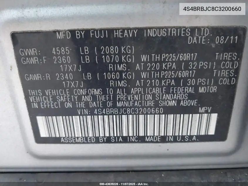 4S4BRBJC8C3200660 2012 Subaru Outback 2.5I Limited