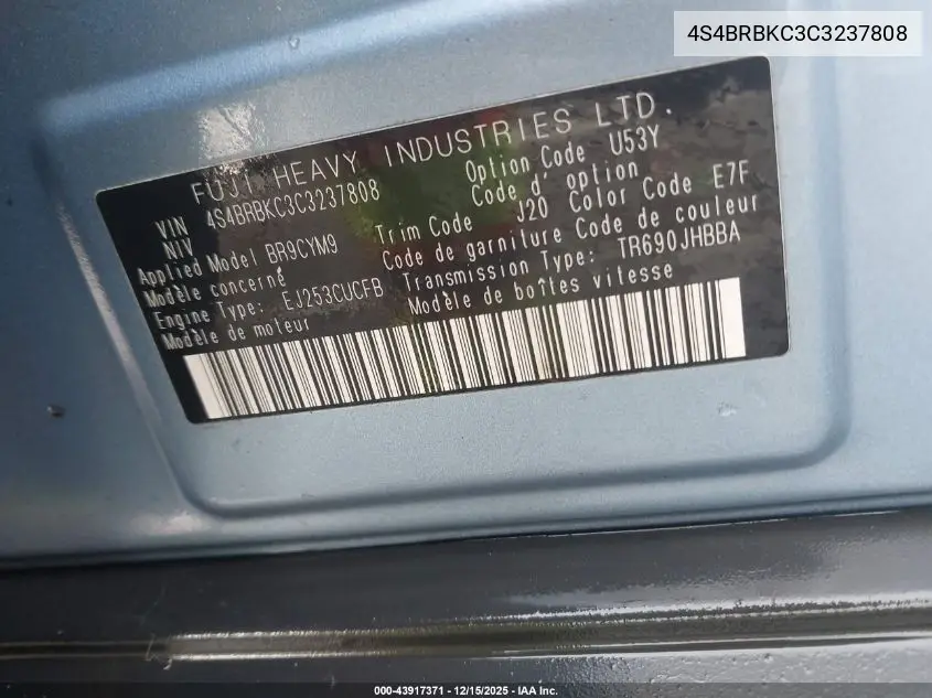 4S4BRBKC3C3237808 2012 Subaru Outback 2.5I Limited