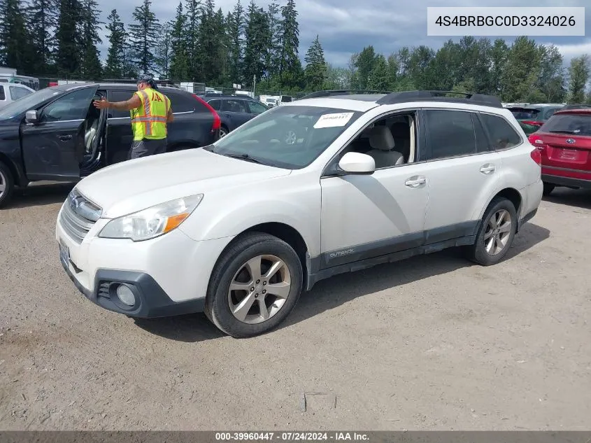 2013 Subaru Outback 2.5I Premium VIN: 4S4BRBGC0D3324026 Lot: 39960447