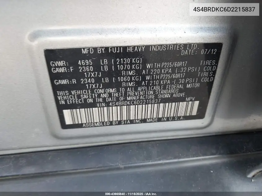4S4BRDKC6D2215837 2013 Subaru Outback 3.6R Limited