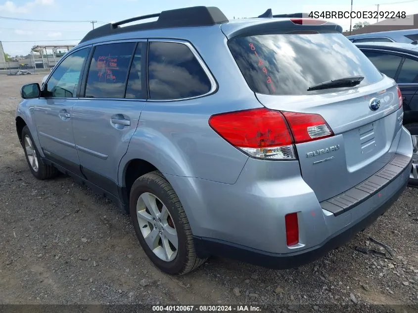 2014 Subaru Outback 2.5I Premium VIN: 4S4BRBCC0E3292248 Lot: 40120067