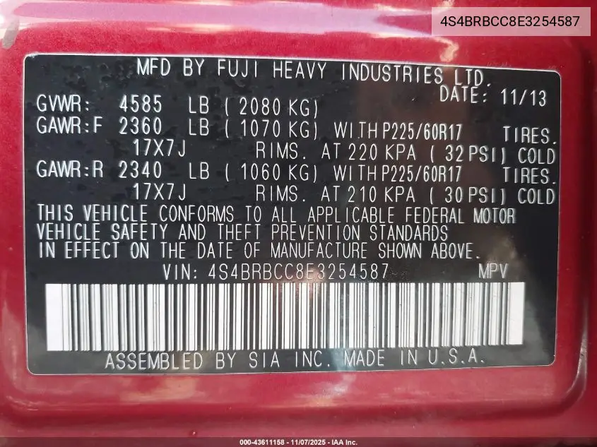 4S4BRBCC8E3254587 2014 Subaru Outback 2.5I Premium