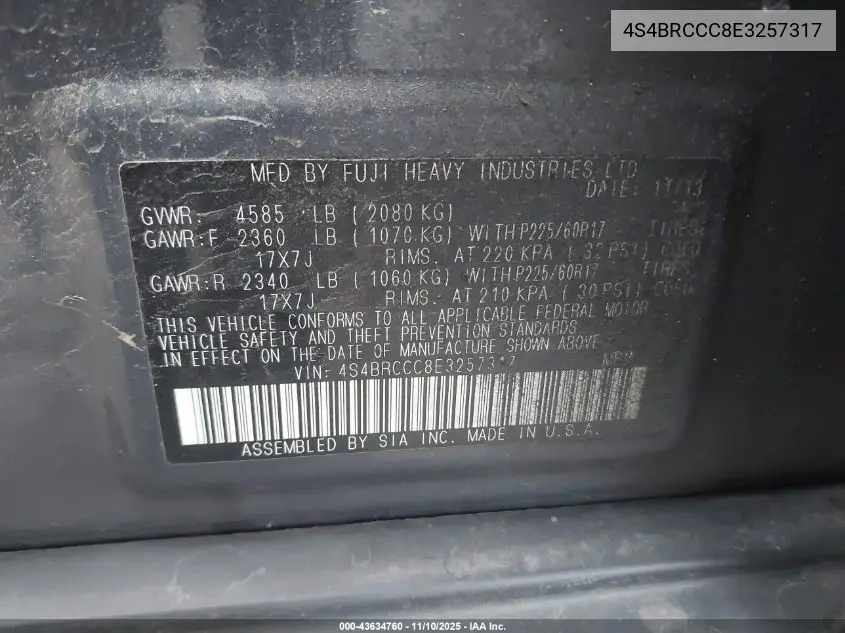 4S4BRCCC8E3257317 2014 Subaru Outback 2.5I Premium