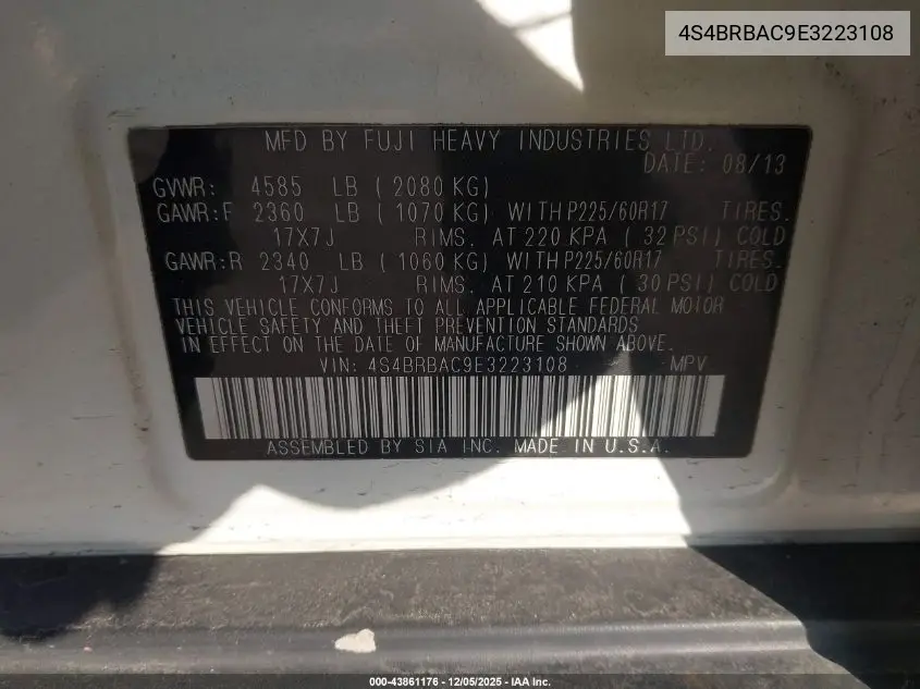 4S4BRBAC9E3223108 2014 Subaru Outback 2.5I