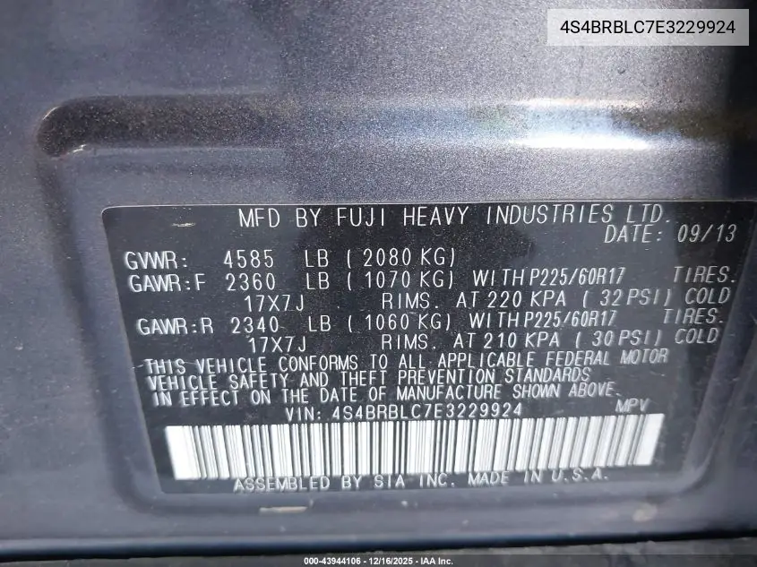 4S4BRBLC7E3229924 2014 Subaru Outback 2.5I Limited