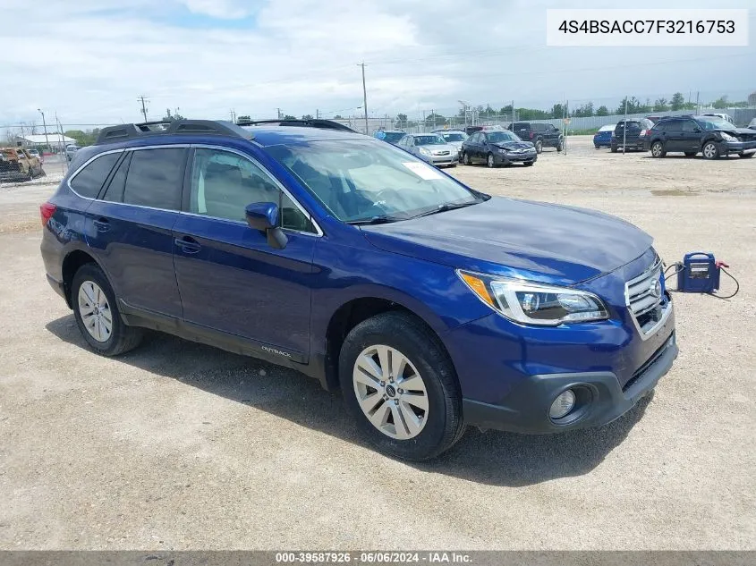 2015 Subaru Outback 2.5I Premium VIN: 4S4BSACC7F3216753 Lot: 39587926