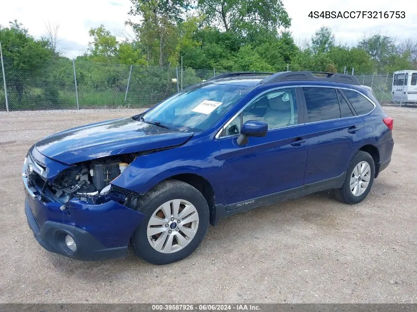 2015 Subaru Outback 2.5I Premium VIN: 4S4BSACC7F3216753 Lot: 39587926