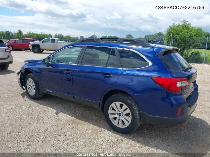 2015 Subaru Outback 2.5I Premium VIN: 4S4BSACC7F3216753 Lot: 39587926