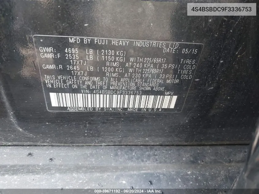 4S4BSBDC9F3336753 2015 Subaru Outback 2.5I Premium