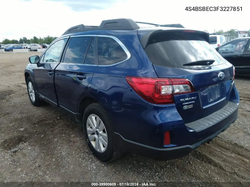 2015 Subaru Outback 2.5I Premium VIN: 4S4BSBEC3F3227851 Lot: 39900609