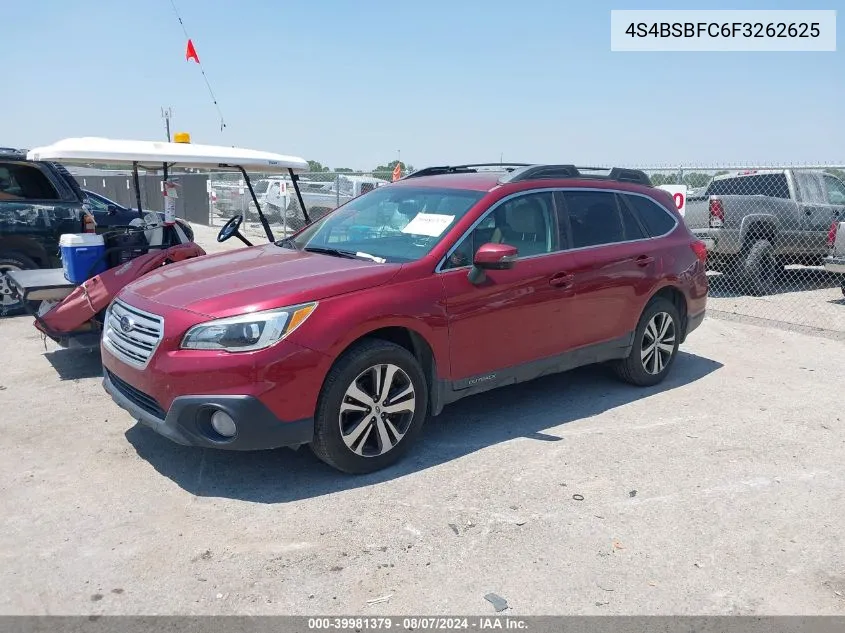 2015 Subaru Outback 2.5I Premium VIN: 4S4BSBFC6F3262625 Lot: 39981379