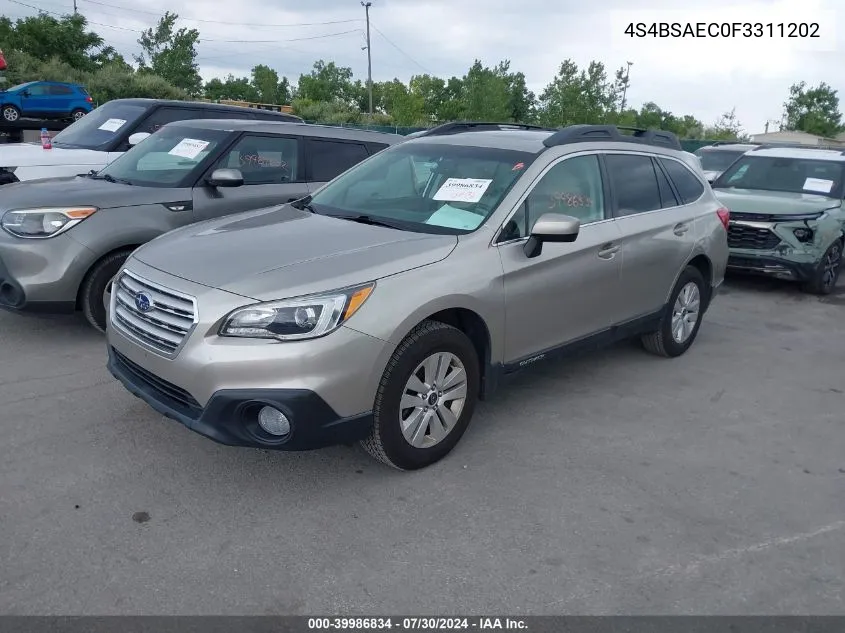 2015 Subaru Outback 2.5I Premium VIN: 4S4BSAEC0F3311202 Lot: 39986834