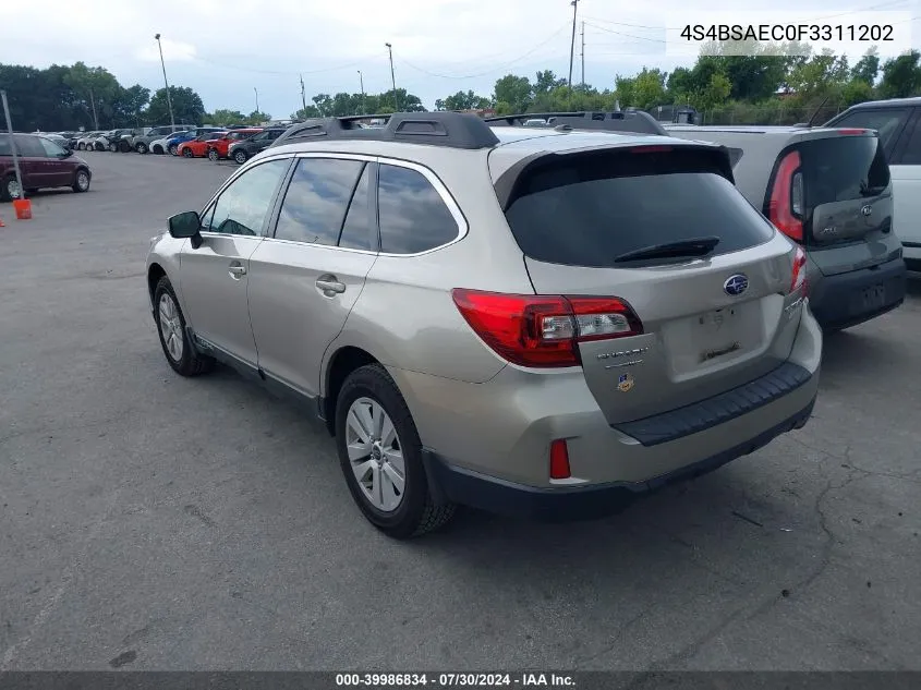 2015 Subaru Outback 2.5I Premium VIN: 4S4BSAEC0F3311202 Lot: 39986834