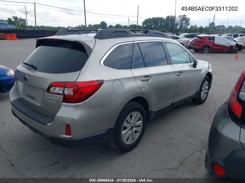 2015 Subaru Outback 2.5I Premium VIN: 4S4BSAEC0F3311202 Lot: 39986834