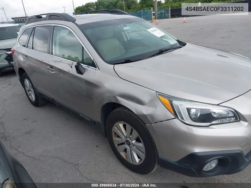 2015 Subaru Outback 2.5I Premium VIN: 4S4BSAEC0F3311202 Lot: 39986834