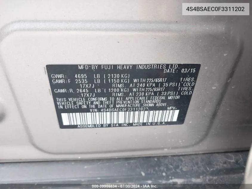 4S4BSAEC0F3311202 2015 Subaru Outback 2.5I Premium